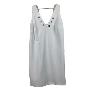 Leith Dress Shift Sheath Sleeveless V-Neck White Silver Grommets XS $58 NWT